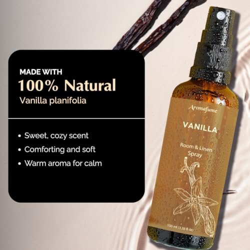 Vanilla Room, Linen & Pillow Spray von Aromafume | 100 ml/3,38 fl oz | mit reinem Vanille-ätherischem Öl | Aromatherapie-Spray | Nebel für Bettwäsche, Stoffe