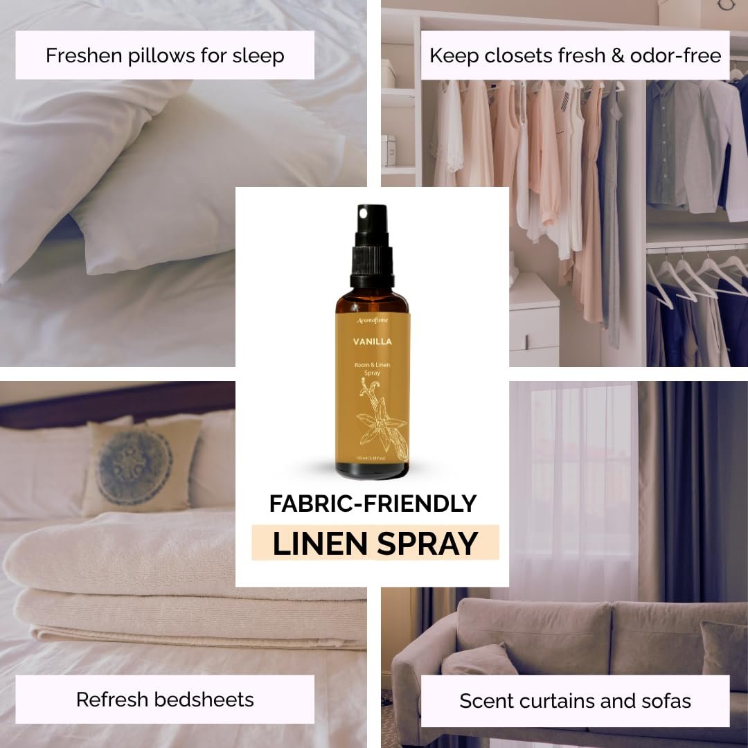 Vanilla Room, Linen & Pillow Spray von Aromafume | 100 ml/3,38 fl oz | mit reinem Vanille-ätherischem Öl | Aromatherapie-Spray | Nebel für Bettwäsche, Stoffe