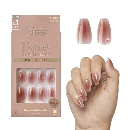 KISS Bare but Better Press On Nails 'Shine' – Dunkelrosa, mittelgroß, Sargform – 30 Nägel mit Kleber, Manikürestab und Mini-Feile