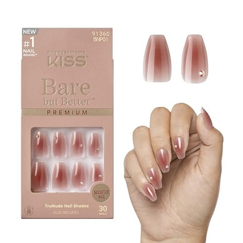 KISS Bare but Better Press On Nails 'Shine' – Dunkelrosa, mittelgroß, Sargform – 30 Nägel mit Kleber, Manikürestab und Mini-Feile