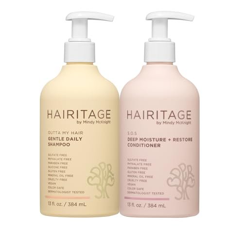 Hairitage Gentle Daily Moisture Shampoo und Conditioner Set - Spliss- und Bond-Stärkung für trockenes, geschädigtes Haar mit Jojobaöl - Anti-Frizz und Farbschutz - Kirsch- und Amberduft (13 oz, 2er-Pack)