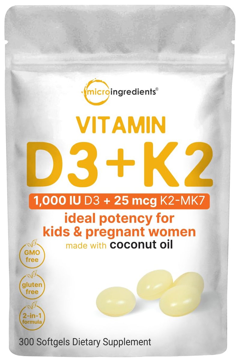 Micro Ingredients Vitamin D3 1.000 IE + K2 MK-7 25 mcg, 300 Softgels | Virgin Kokosöl | 2-in-1 Knochen-, Immun- & Herzunterstützung | Leicht zu schlucken, Nicht-GVO