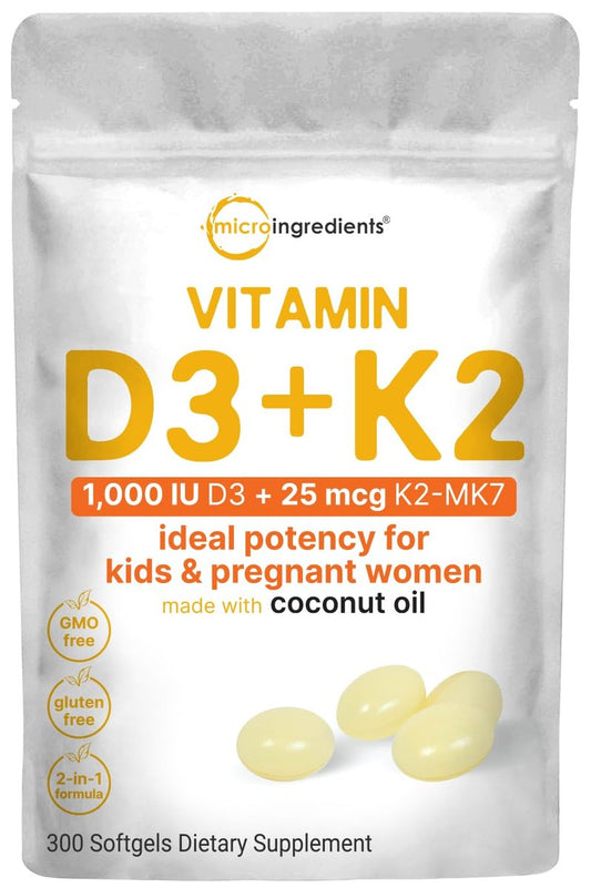 Micro Ingredients Vitamin D3 1.000 IE + K2 MK-7 25 mcg, 300 Softgels | Virgin Kokosöl | 2-in-1 Knochen-, Immun- & Herzunterstützung | Leicht zu schlucken, Nicht-GVO