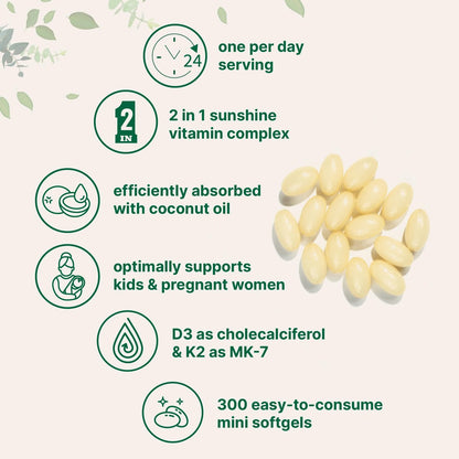 Micro Ingredients Vitamin D3 1.000 IE + K2 MK-7 25 mcg, 300 Softgels | Virgin Kokosöl | 2-in-1 Knochen-, Immun- & Herzunterstützung | Leicht zu schlucken, Nicht-GVO