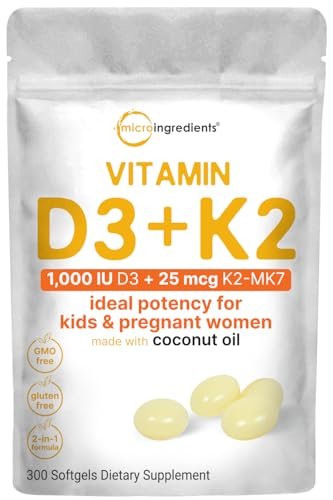 Micro Ingredients Vitamin D3 1.000 IE + K2 MK-7 25 mcg, 300 Softgels | Virgin Kokosöl | 2-in-1 Knochen-, Immun- & Herzunterstützung | Leicht zu schlucken, Nicht-GVO