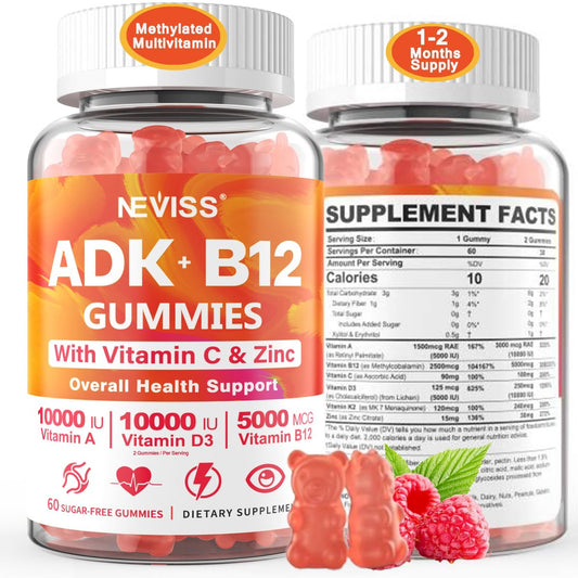 Methylierte Multivitamin Gummies für Frauen und Männer – Vitamin D3 5000IU, K2 (MK-7) 240mcg, B12 5000mcg, A, C, Zink – Zuckerfrei – 60 Stück