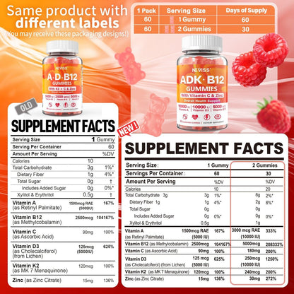 Methylierte Multivitamin Gummies für Frauen und Männer – Vitamin D3 5000IU, K2 (MK-7) 240mcg, B12 5000mcg, A, C, Zink – Zuckerfrei – 60 Stück