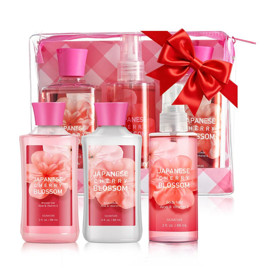 Kirschblüten-Badepflegeset für Frauen und Mädchen – 3-teiliges Spa-Set mit natürlichen Extrakten: Duschgel, Lotion, Nebel – Persönliches Pflegeset für die Reise
