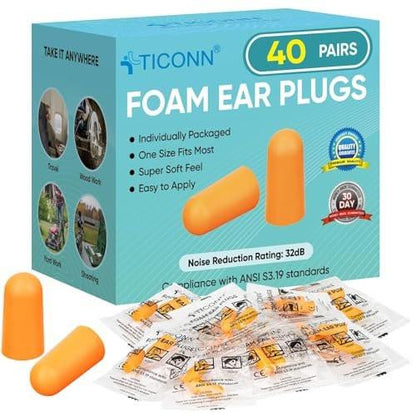 TICONN 40 Paar Ohrstöpsel aus Schaumstoff, einzeln verpackt, 32 dB NRR Gehörschutz für Schlafen, Reisen, Lernen, Konzentration, Baustelle (40 Paar)