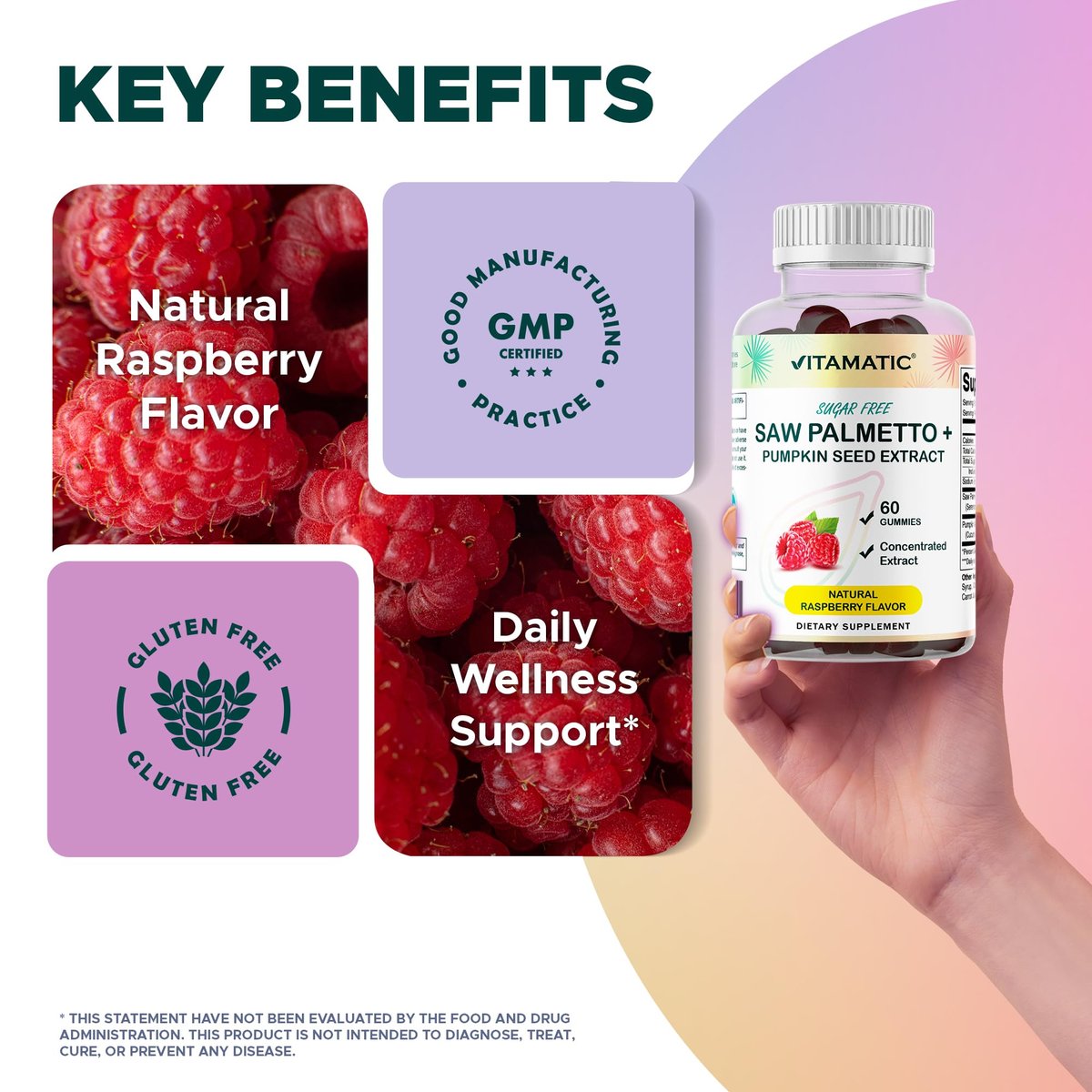 Vitamatic Saw Palmetto & Kürbiskern Gummibärchen – Zuckerfrei, pflanzlich, vegan – 60 Stück