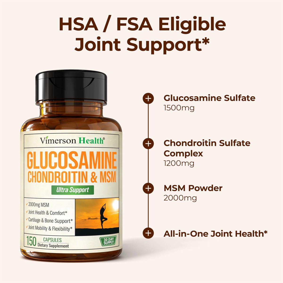 Glucosamin Chondroitin MSM – 3-in-1 Gelenknahrung für Frauen und Männer mit Glucosaminsulfat 1500mg, Chondroitinsulfat 1200mg & starkem 2000mg MSM für Knorpel- und Gelenkunterstützung – 150 Kapseln