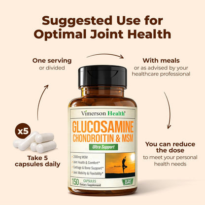 Glucosamin Chondroitin MSM – 3-in-1 Gelenknahrung für Frauen und Männer mit Glucosaminsulfat 1500mg, Chondroitinsulfat 1200mg & starkem 2000mg MSM für Knorpel- und Gelenkunterstützung – 150 Kapseln