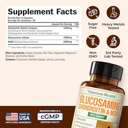 Glucosamin Chondroitin MSM – 3-in-1 Gelenknahrung für Frauen und Männer mit Glucosaminsulfat 1500mg, Chondroitinsulfat 1200mg & starkem 2000mg MSM für Knorpel- und Gelenkunterstützung – 150 Kapseln
