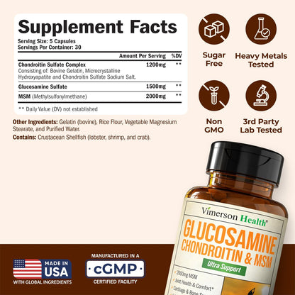Glucosamin Chondroitin MSM – 3-in-1 Gelenknahrung für Frauen und Männer mit Glucosaminsulfat 1500mg, Chondroitinsulfat 1200mg & starkem 2000mg MSM für Knorpel- und Gelenkunterstützung – 150 Kapseln