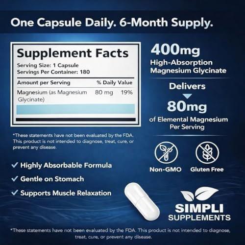 Magnesiumglycinat 400mg pro Portion – Hohe Bioverfügbarkeit – Sanft zum Magen – Unterstützt Schlaf, Entspannung, Muskeln, Knochen & Immunsystem – Nicht-GVO, Vegan, 180 Kapseln