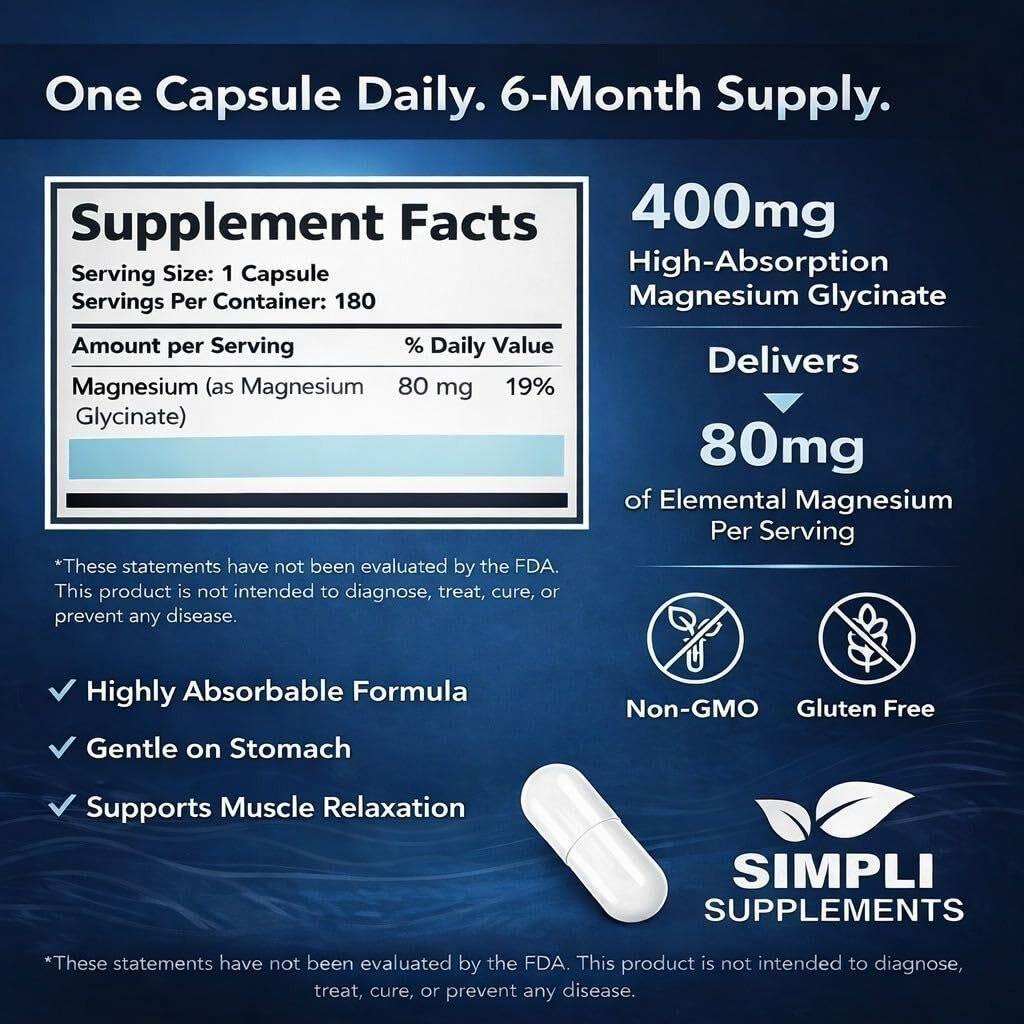Magnesiumglycinat 400mg pro Portion – Hohe Bioverfügbarkeit – Sanft zum Magen – Unterstützt Schlaf, Entspannung, Muskeln, Knochen & Immunsystem – Nicht-GVO, Vegan, 180 Kapseln