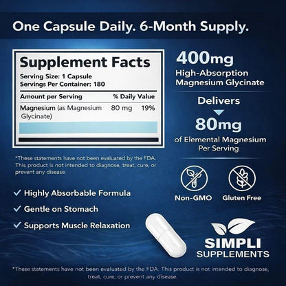 Magnesiumglycinat 400mg pro Portion – Hohe Bioverfügbarkeit – Sanft zum Magen – Unterstützt Schlaf, Entspannung, Muskeln, Knochen & Immunsystem – Nicht-GVO, Vegan, 180 Kapseln