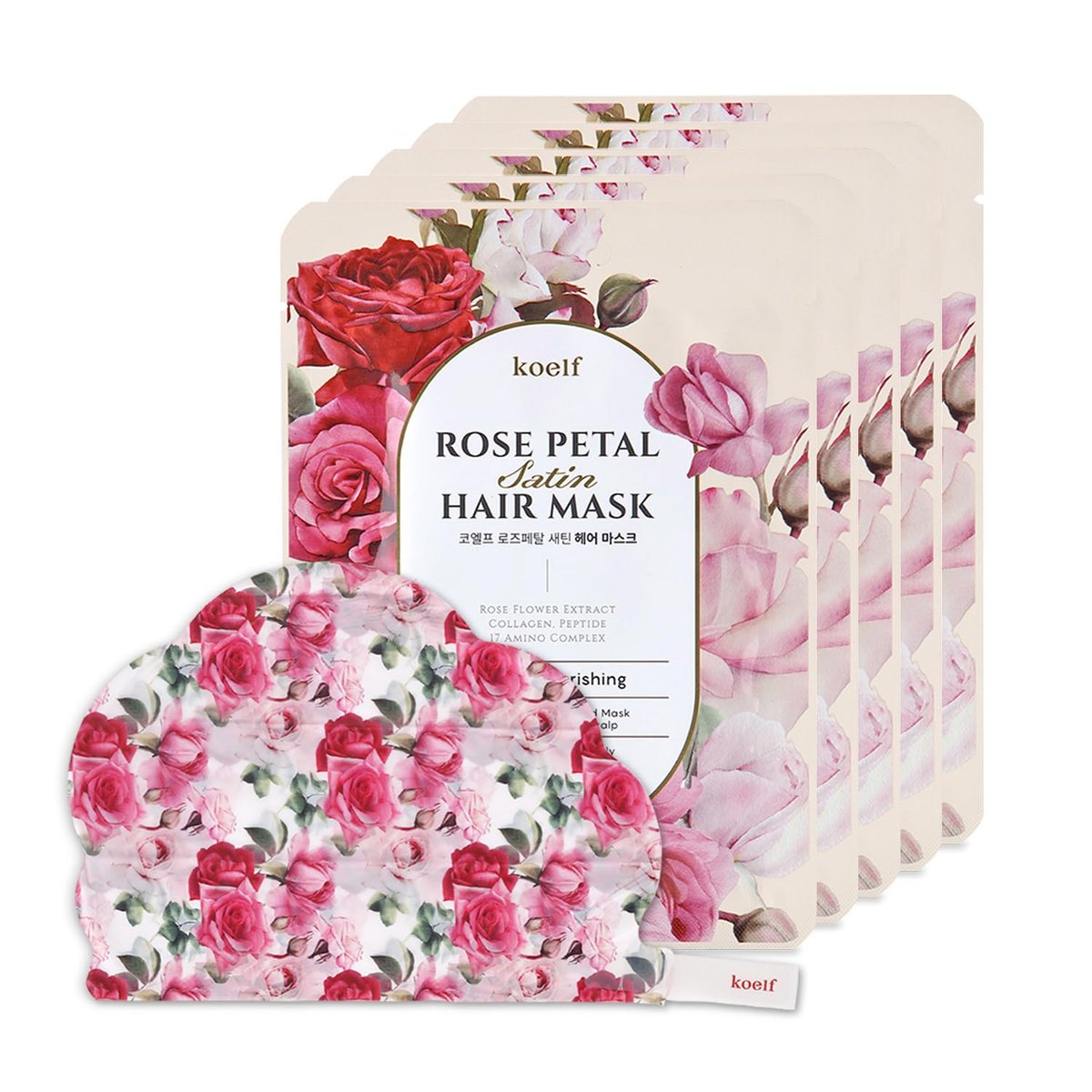 Koelf Rose Petal Satin Haarmaske – Intensiv pflegende & reparierende Kappenmaske für seidiges, feuchtigkeitsspendendes Haar, stärkt die Kopfhaut, Rosenessenz-Behandlung (5 Stück)