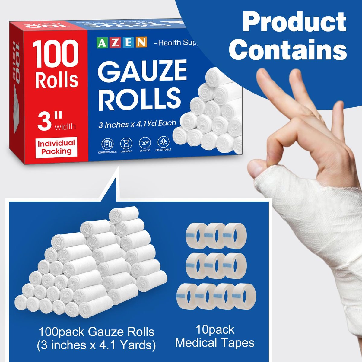 AZEN 100er-Pack Mullbinden, 7,6 cm x 3,7 m, Erste-Hilfe-Verbandsmaterial & Premium-Medizinbedarf, Verbandswatte