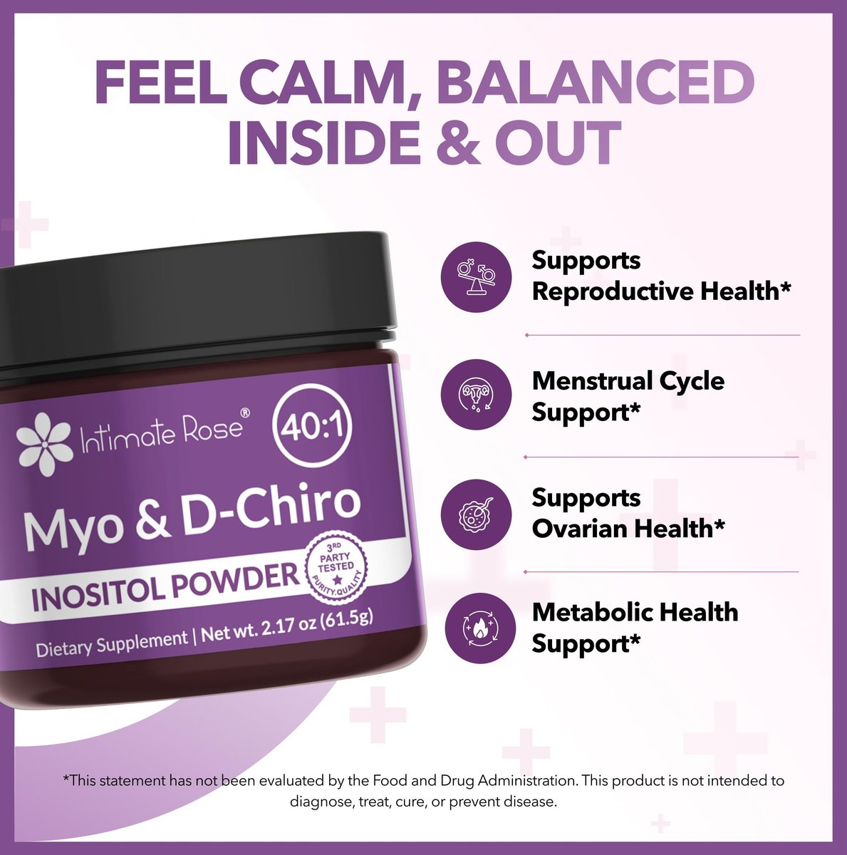 Intimate Rose Inositol Supplement für Frauen Pulver - Myo-Inositol & D-Chiro Inositol Pulver - Hormonelle Balance & Unterstützung der Eierstockfunktion - Ideales 40:1 Verhältnis - Hergestellt in USA