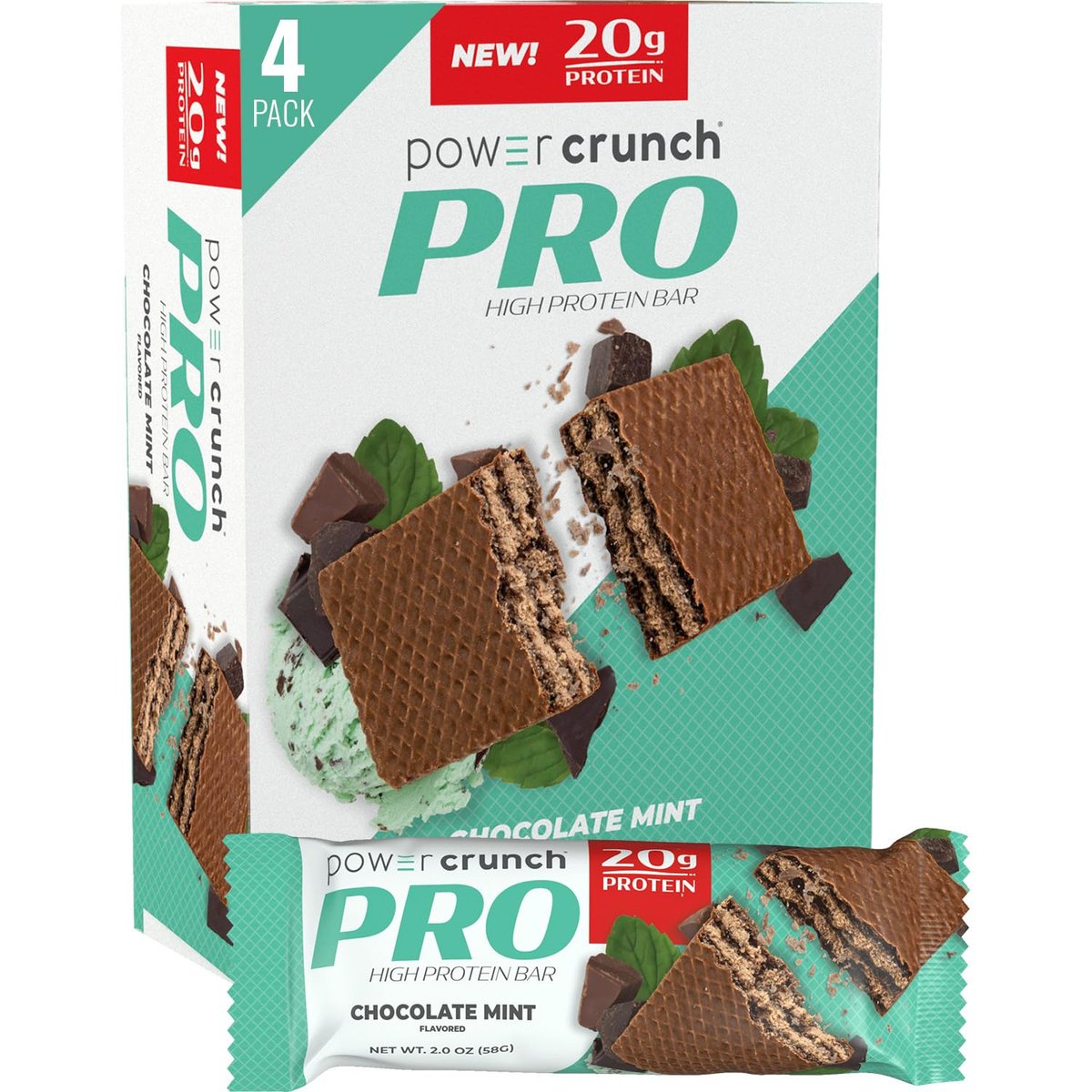 Power Crunch PRO Protein-Waffelriegel – High Protein Snack mit köstlichem Geschmack, Schokolade-Minze, 2,0 Unzen (4er-Pack)