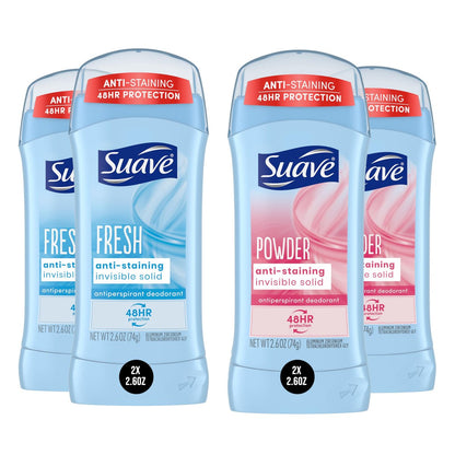 Suave Deodorant für Damen, Antitranspirant, Puder & Frische Bundle, 48-Stunden-Schutz vor Geruch & Nässe, mit ätherischen Ölen, anti-fleckend, ohne Backpulver, 4 x 2,6 Unzen