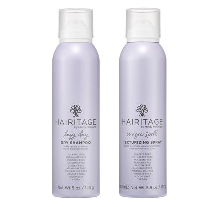 Hairitage Cleanse + Style Trockenshampoo Set - Lazy Day Trockenshampoo + Texturierender Volumenspray - Transparent, Ölabsorbierend + Ultra-leichter Halt Styling-Haarspray für Locken, Wellen & feines Haar