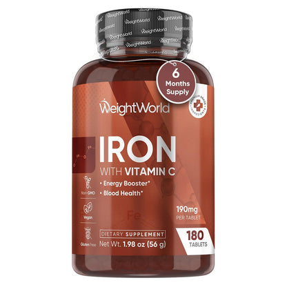 WeightWorld Eisen 65mg mit Vitamin C 125mg Tabletten für Blutgesundheit, Energie & Immunsystem | 180 Tabletten (6-Monatsvorrat) | Sanftes Eisenpräparat für Frauen & Männer - Vegan, Nicht-GVO