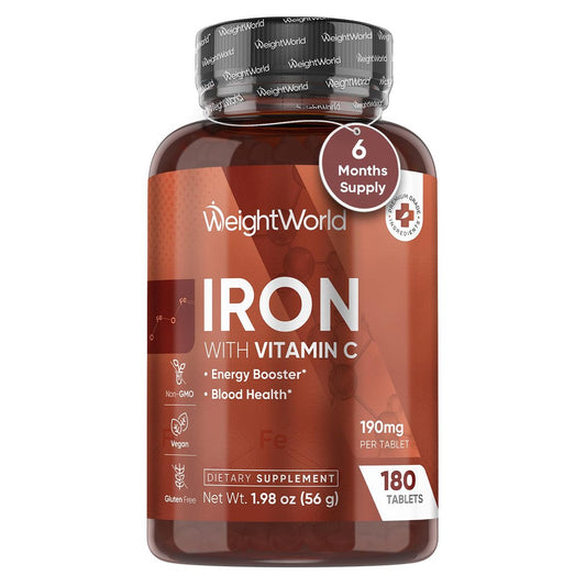 WeightWorld Eisen 65mg mit Vitamin C 125mg Tabletten für Blutgesundheit, Energie & Immunsystem | 180 Tabletten (6-Monatsvorrat) | Sanftes Eisenpräparat für Frauen & Männer - Vegan, Nicht-GVO