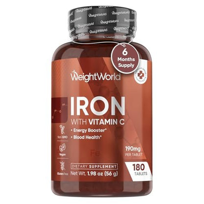 WeightWorld Eisen 65mg mit Vitamin C 125mg Tabletten für Blutgesundheit, Energie & Immunsystem | 180 Tabletten (6-Monatsvorrat) | Sanftes Eisenpräparat für Frauen & Männer - Vegan, Nicht-GVO