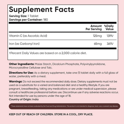 WeightWorld Eisen 65mg mit Vitamin C 125mg Tabletten für Blutgesundheit, Energie & Immunsystem | 180 Tabletten (6-Monatsvorrat) | Sanftes Eisenpräparat für Frauen & Männer - Vegan, Nicht-GVO