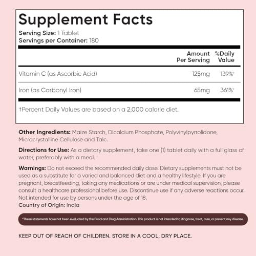 WeightWorld Eisen 65mg mit Vitamin C 125mg Tabletten für Blutgesundheit, Energie & Immunsystem | 180 Tabletten (6-Monatsvorrat) | Sanftes Eisenpräparat für Frauen & Männer - Vegan, Nicht-GVO