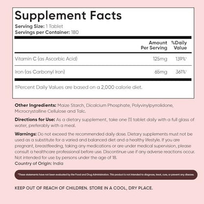 WeightWorld Eisen 65mg mit Vitamin C 125mg Tabletten für Blutgesundheit, Energie & Immunsystem | 180 Tabletten (6-Monatsvorrat) | Sanftes Eisenpräparat für Frauen & Männer - Vegan, Nicht-GVO