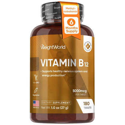 WeightWorld B12 Vitamin 5000mcg | 6-Monatsvorrat | B12 Methylcobalamin für gesundes Nervensystem & Energieproduktion (180 Tabletten) | Vegetarische B12 Vitamine für Frauen & Männer, Nicht-GVO, 1-pro-Tag