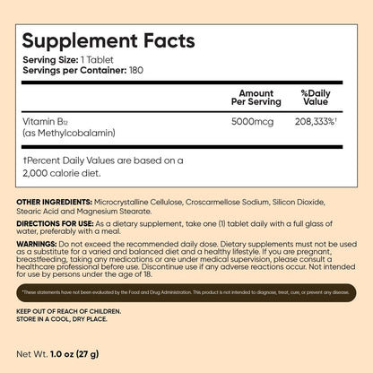WeightWorld B12 Vitamin 5000mcg | 6-Monatsvorrat | B12 Methylcobalamin für gesundes Nervensystem & Energieproduktion (180 Tabletten) | Vegetarische B12 Vitamine für Frauen & Männer, Nicht-GVO, 1-pro-Tag