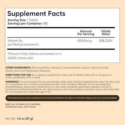 WeightWorld B12 Vitamin 5000mcg | 6-Monatsvorrat | B12 Methylcobalamin für gesundes Nervensystem & Energieproduktion (180 Tabletten) | Vegetarische B12 Vitamine für Frauen & Männer, Nicht-GVO, 1-pro-Tag