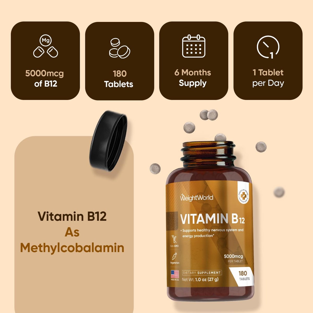 WeightWorld B12 Vitamin 5000mcg | 6-Monatsvorrat | B12 Methylcobalamin für gesundes Nervensystem & Energieproduktion (180 Tabletten) | Vegetarische B12 Vitamine für Frauen & Männer, Nicht-GVO, 1-pro-Tag