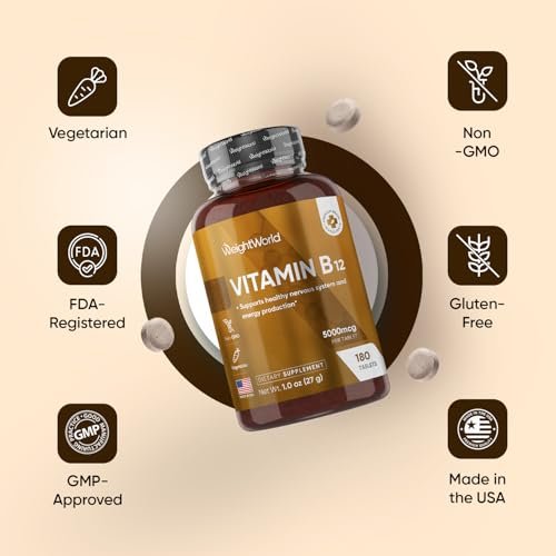 WeightWorld B12 Vitamin 5000mcg | 6-Monatsvorrat | B12 Methylcobalamin für gesundes Nervensystem & Energieproduktion (180 Tabletten) | Vegetarische B12 Vitamine für Frauen & Männer, Nicht-GVO, 1-pro-Tag