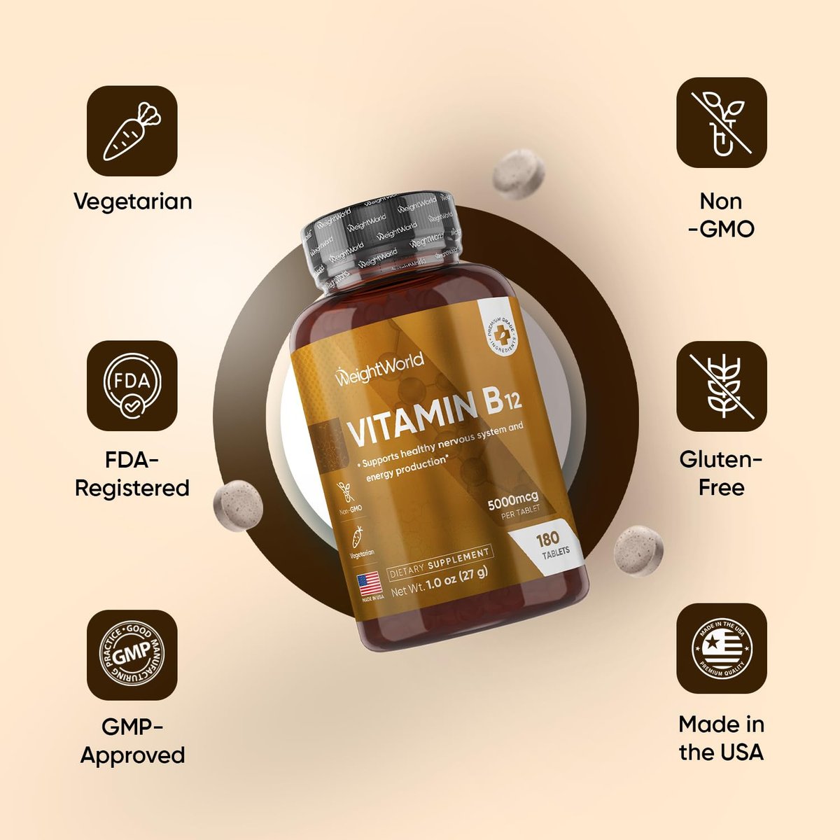 WeightWorld B12 Vitamin 5000mcg | 6-Monatsvorrat | B12 Methylcobalamin für gesundes Nervensystem & Energieproduktion (180 Tabletten) | Vegetarische B12 Vitamine für Frauen & Männer, Nicht-GVO, 1-pro-Tag