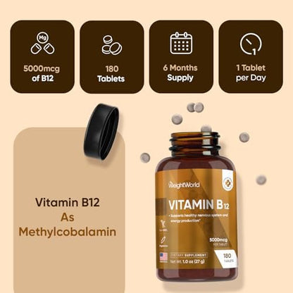 WeightWorld B12 Vitamin 5000mcg | 6-Monatsvorrat | B12 Methylcobalamin für gesundes Nervensystem & Energieproduktion (180 Tabletten) | Vegetarische B12 Vitamine für Frauen & Männer, Nicht-GVO, 1-pro-Tag