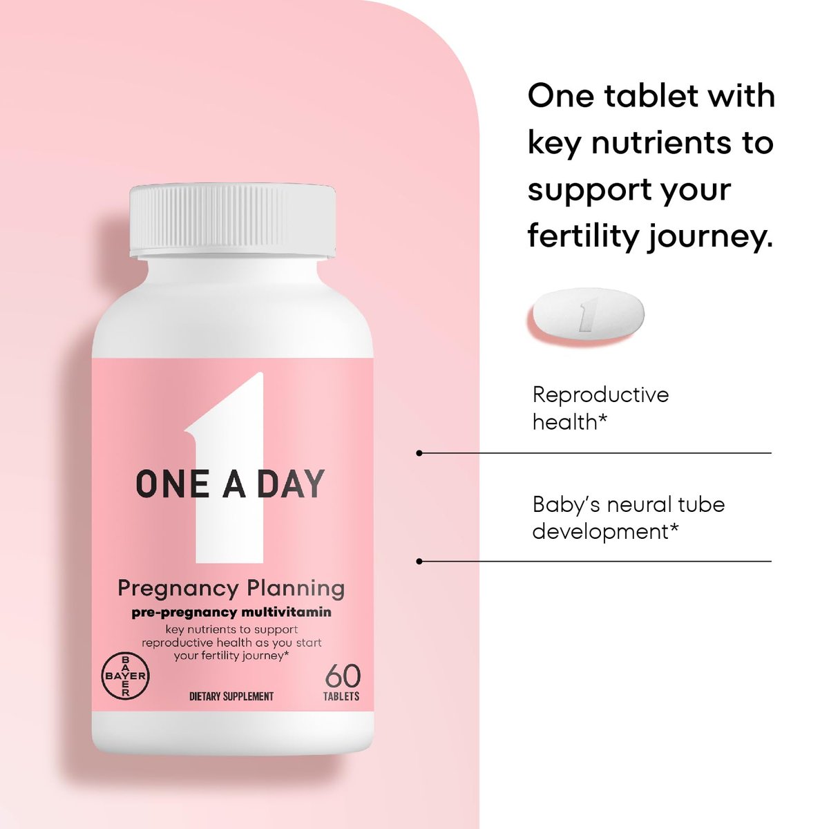 One A Day Schwangerschaftsplanung pränatales Multivitamin für Frauen, Prä-Schwangerschaftsvitamine mit Methylfolat, Folsäure, Zink, Vitamin B12 & Vitamin D zur Unterstützung der reproduktiven Gesundheit, 60 Tabletten