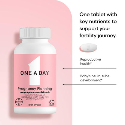 One A Day Schwangerschaftsplanung pränatales Multivitamin für Frauen, Prä-Schwangerschaftsvitamine mit Methylfolat, Folsäure, Zink, Vitamin B12 & Vitamin D zur Unterstützung der reproduktiven Gesundheit, 60 Tabletten