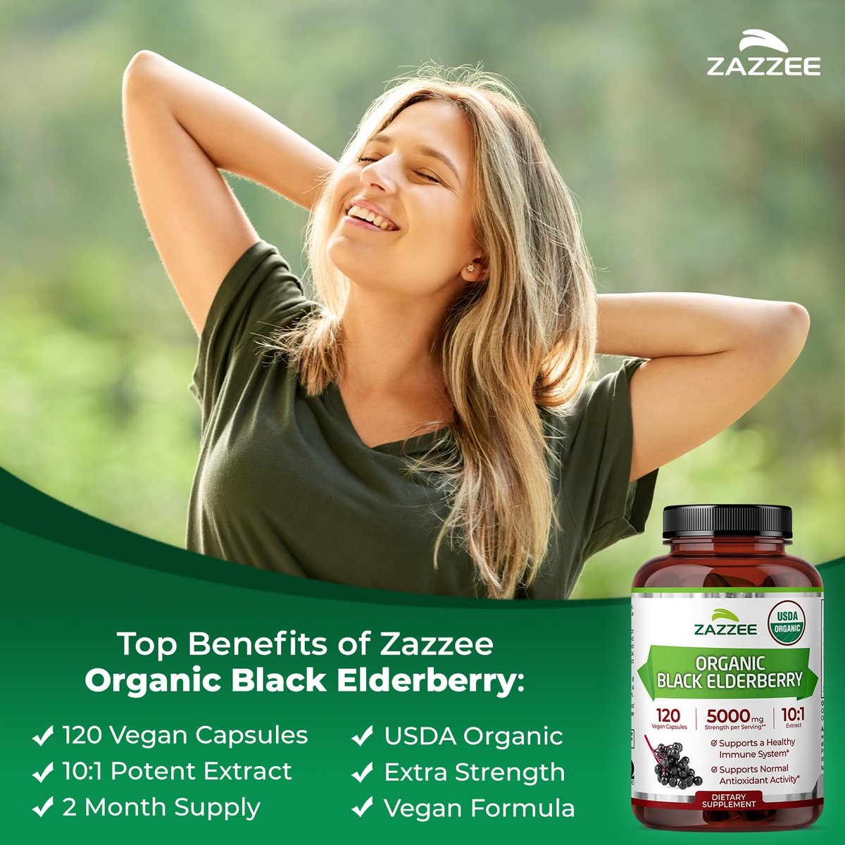 Zazzee Bio Holunderbeere 10:1 Extrakt, 120 vegane Kapseln, 2-Monats-Vorrat, Sambucus Nigra, Antioxidantien & Immununterstützung, konzentrierter 10X Extrakt, natürlich, nicht-GVO, hergestellt in den USA