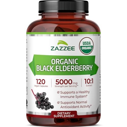 Zazzee Bio Holunderbeere 10:1 Extrakt, 120 vegane Kapseln, 2-Monats-Vorrat, Sambucus Nigra, Antioxidantien & Immununterstützung, konzentrierter 10X Extrakt, natürlich, nicht-GVO, hergestellt in den USA