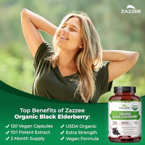 Zazzee Bio Holunderbeere 10:1 Extrakt, 120 vegane Kapseln, 2-Monats-Vorrat, Sambucus Nigra, Antioxidantien & Immununterstützung, konzentrierter 10X Extrakt, natürlich, nicht-GVO, hergestellt in den USA