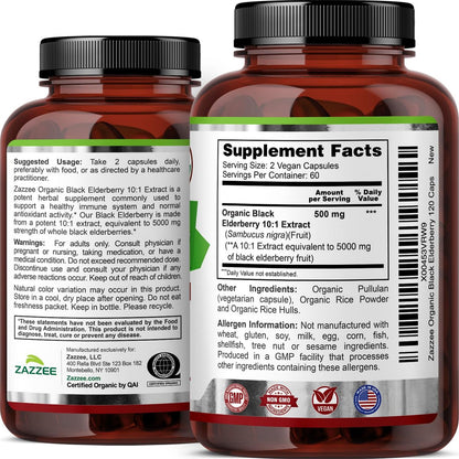 Zazzee Bio Holunderbeere 10:1 Extrakt, 120 vegane Kapseln, 2-Monats-Vorrat, Sambucus Nigra, Antioxidantien & Immununterstützung, konzentrierter 10X Extrakt, natürlich, nicht-GVO, hergestellt in den USA