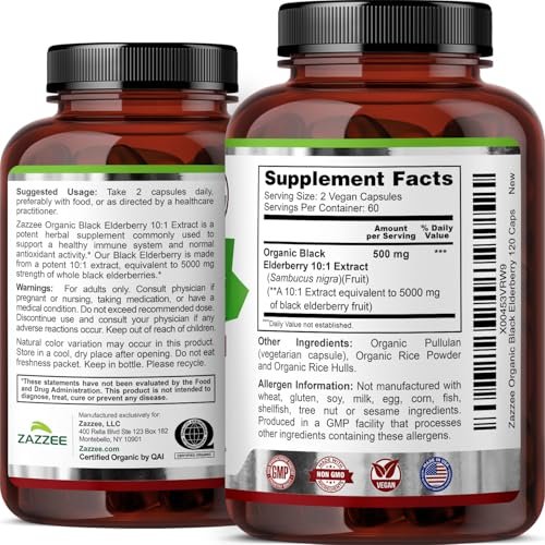 Zazzee Bio Holunderbeere 10:1 Extrakt, 120 vegane Kapseln, 2-Monats-Vorrat, Sambucus Nigra, Antioxidantien & Immununterstützung, konzentrierter 10X Extrakt, natürlich, nicht-GVO, hergestellt in den USA