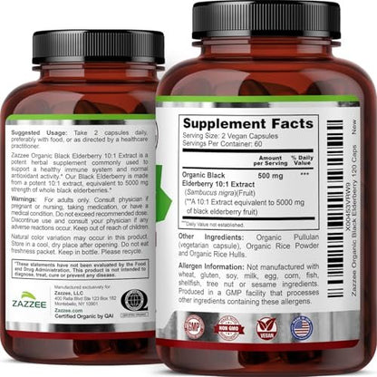 Zazzee Bio Holunderbeere 10:1 Extrakt, 120 vegane Kapseln, 2-Monats-Vorrat, Sambucus Nigra, Antioxidantien & Immununterstützung, konzentrierter 10X Extrakt, natürlich, nicht-GVO, hergestellt in den USA