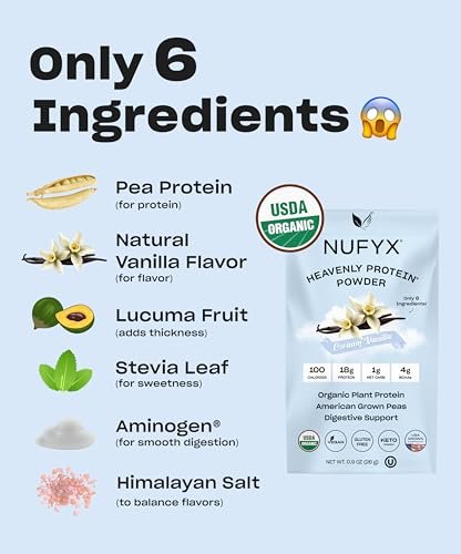 NUFYX® Bio-Pflanzliches Proteinpulver, Familienbetrieb, aus 100 % USA-Erbsen, 18 g Protein pro 100 Kalorien, Nur 6 Zutaten, Verdauungsunterstützung (Cremiges Vanille, Portionsbeutel)