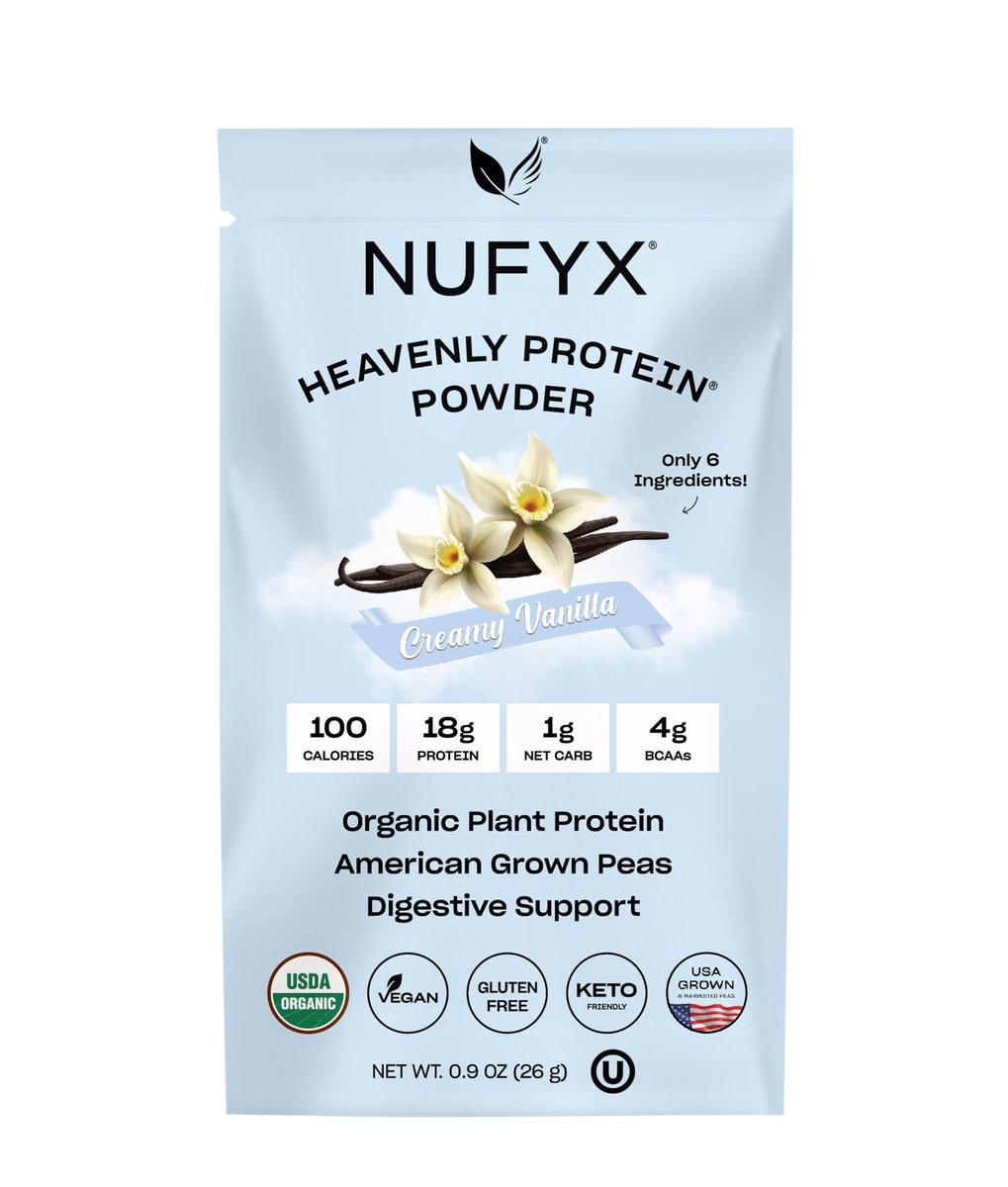 NUFYX® Bio-Pflanzliches Proteinpulver, Familienbetrieb, aus 100 % USA-Erbsen, 18 g Protein pro 100 Kalorien, Nur 6 Zutaten, Verdauungsunterstützung (Cremiges Vanille, Portionsbeutel)